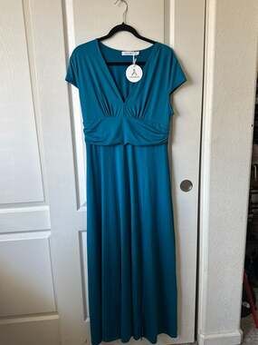 ANRABESS Women's V-Neck Cap Sleeve Empire Waist Maxi Dress with Slit in Teal